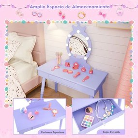 Conjunto de Toucador infantil com espelho iluminado e cadeira de princesa com brilho ajustável Gaveta e banquinho acolchoado roxo