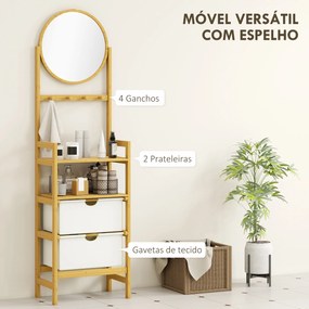 Estante de Casa de Banho em Bambu com Espelho Estante de Arrumação com 2 Gavetas de Tecido 48,5x30x170 cm Madeira