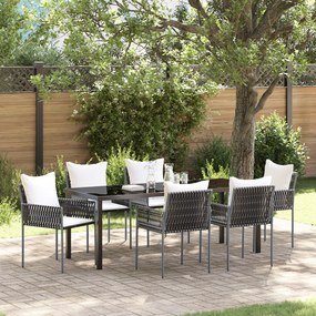 vidaXL Conjunto de Jantar de Jardim com 7 Peças e Almofadas Marrons de Rattan e Poliéster