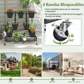 Floreira elevada com rodas 7 caixas de plantação Cestos de arrumação 100 x 56 x 99 cm Preto