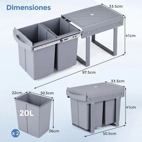 Cubo do Lixo, 50,5 x 33,5 x 41 cm, 2 Cubos Interiores Removíveis, Cinzento
