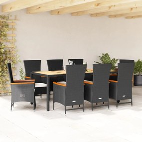 9 pcs conjunto de jantar p/ jardim c/ almofadões vime PE preto