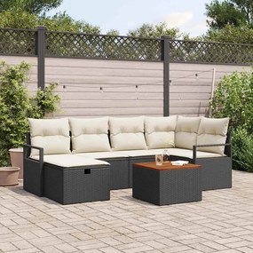 vidaXL Conjunto de Sofá de Jardim de 7 Peças com Almofadas de Rattan Poliéster Preto