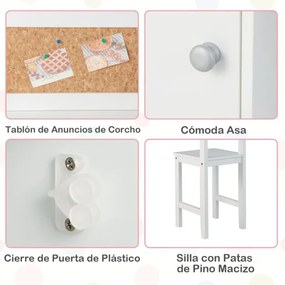 Conjunto de mesa e cadeira de madeira para crianças Mesa de estudo de madeira para crianças com cadeira  para crianças 3+ anos 90 x 45 x 86 cm Branco