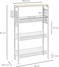 Carro de cozinha com rodas, carrinho de arrumação com 3 cestos, 1 cesto suspenso e ganchos, 58 x 18,5 x 87 cm, branco