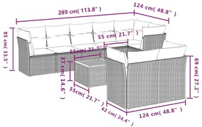 9 pcs conjunto de sofás p/ jardim c/ almofadões vime PE preto