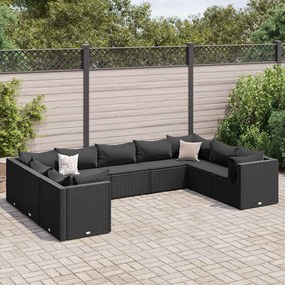 vidaXL 9 pcs conjunto lounge de jardim c/ almofadões vime PE preto