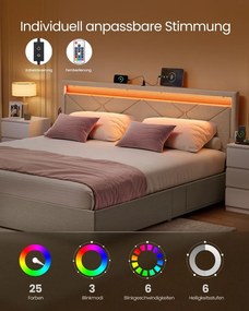 Estrutura de cama em metal 160 x 200 cm com iluminação LED, com gavetas e cabeceira bege cappuccino