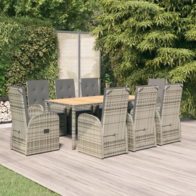vidaXL 9 pcs conjunto de jantar p/ jardim c/ almofadões vime PE cinza