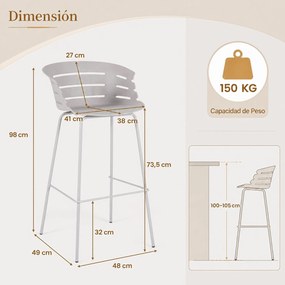 Conjunto de 4 Cadeiras de Bar para Sala de Jantar, 48 x 49 x 98 cm, Estrutura Metálica Resistente, Cinzento