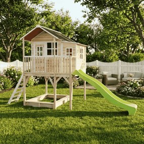 Casa de brincar infantil exterior para crianças Loft 750 em madeira com escorrega e caixa areia - Natural