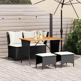 4 pcs conjunto de jardim p/ jardim c/ almofadões vime PE preto