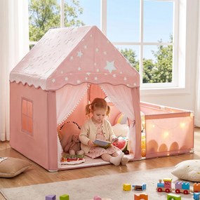 Casa de Jogos 2 em 1 com Parque Infantil, 169 x 120 x 136 cm, Luzes Estreladas, Rosa
