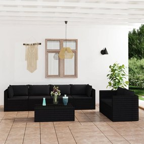 vidaXL 7 pcs conjunto lounge de jardim c/ almofadões vime PE preto