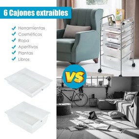 Carrinho com rodas auxiliar de armazenamento com 6 gavetas empilháveis removíveis para cozinha ou escritório 34 x 43,5 x 76 cm Transparenete