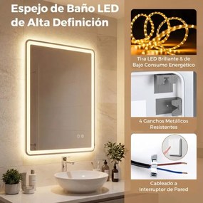 Espelho LED 80x60cm com luzes 3 cores antiembaciamento e luz regulável prateado