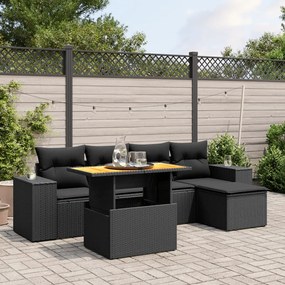 6 pcs conjunto sofás de jardim c/ almofadões vime PE preto