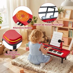 Teclado de 37 teclas para crianças com microfone, suporte e pés removíveis para maiores de 3 anos. Vermelho