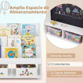 Estante Infantil Móvel, 90 x 45,5 x 87 cm, Quadro de Ardósia Integrado, Branco