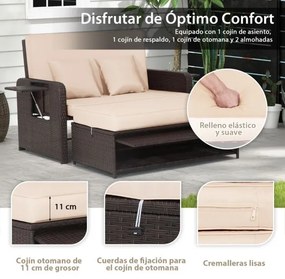 Conjunto sofá cama jardim de 2 lugares em rattan com pufe multifunções Tabuleiro lateral retrátil Encosto ajustável de 4 níveis Castanho