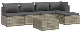 6 pcs conjunto lounge de jardim c/ almofadões vime PE cinzento