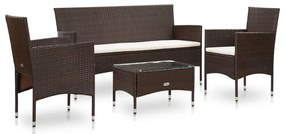4 pcs conjunto lounge jardim c/ almofadões vime PE castanho