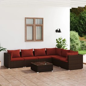 vidaXL 7 pcs conjunto lounge jardim c/ almofadões vime PE castanho