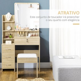 Toucador de Maquilhagem com Banco Espelho 4 Gavetas 4 Compartimentos de Armazenamento Estilo Moderno 80x38x143 cm Madeira