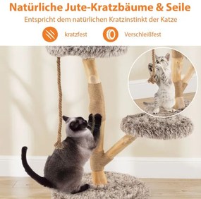 Arranhador para gatos, em madeira com 3 superfícies de assento em pelúcia, corda e poste para arranhar em juta, torre para gatos, móvel para gatos em