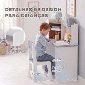 Secretária Infantil com Cadeira Suporte Ajustável para Comprimido Porta-lápis Quadro de Cortiça Estantes e Armários Cinza
