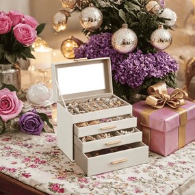 Caixa para joias com 4 níveis e tampa de vidro 15,3 x 25,1 x 21,5 cm Branca