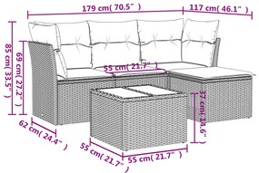 5 pcs conj. sofás jardim c/ almofadões vime PE cinzento-claro