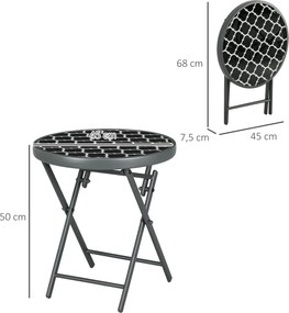 Mesa de centro dobrável  Ø 45 x 50 cm, mesa auxiliar dobrável, tampo em vidro temperado com motivos a preto e branco em metal,, preta