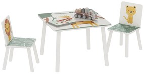 AIYAPLAY Mesa e Cadeiras para Crianças de 3 Peças Mesa Infantil com 2 Cadeiras em Madeira Conjunto de Móveis com Desenhos de Leões para Crianças Acima de 3 Anos para Quarto Sala de Jogos Verde