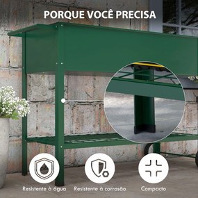 Floreira Vertical Elevada de Metal Horta Vertical com Rodas Alça Lateral e Prateleira Inferior para Cultivo 109x44x80 cm Verde
