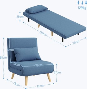 Poltrona conversível 3 em 1: poltrona-cama de 1 lugar com encosto de 5 posições, em tecido com almofada, azul