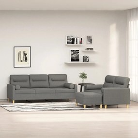 vidaXL 3 pcs conjunto de sofás c/ almofadões tecido cinza-escuro