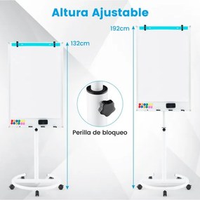 Quadro branco ajustável em altura com rodas com clipes para papel e tabuleiro 65 x 60 x 132-192 cm Branco