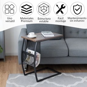 Mesa apoio em forma de C com bolso lateral em estilo industrial para sofá e cama de sala de estar  52 x 35,5 x 59,5 cm Castanho