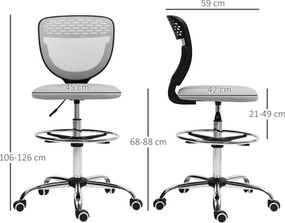Cadeira de escritório ergonómica em malha, cadeira de desenho, altura e apoio para os pés ajustáveis, 59 x 59 x 106-126 cm, cinzenta