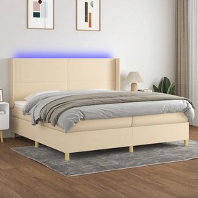 Cama box spring c/ colchão e LED 200x200 cm tecido cor creme