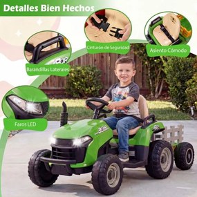 Trator elétrico de 24 V, trator infantil com reboque rebatível e removível, controlo remoto, música e faróis LED, a partir dos 3 anos, Verde