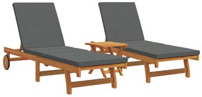 Camas de sol com rodas vidaXL 2 pcs com mesa e almofada em madeira de acácia sólida
