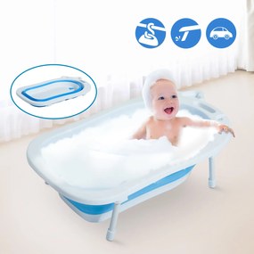 HomCom Banheira para Bebé Portátil Dobrável e Segura - Material: PP + TPE - Cor: Branco e Azul - 89 x 53,5 x 38 cm