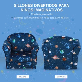 HOMCOM Poltrona para Crianças acima de 3 Anos com Desenhos de Planetas Estrutura de Madeira e Estofado em Flanela 50x39x44 cm Azul