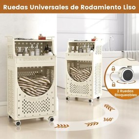 Carro para roupa suja 40 x 30 x 78 cm com 3 níveis dobrável com rodas bloqueáveis 6 ganchos para pendurar bege