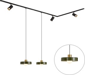 Sistema de calhas moderno preto com 2 candeeiros pendentes verdes e 3 focos monofásico - Iconic Jeana Luxe Jina