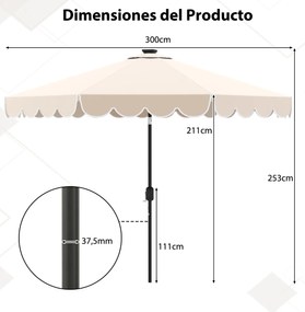 Guarda-sol de 300 cm com 24 luzes LED, parte superior ventilada, folhos e ajuste de inclinação Bege