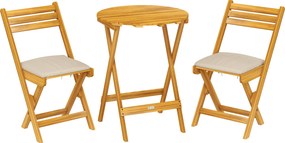 Outsunny Conjunto de móveis para varanda 3 peças em madeira certificada FSC dobrável, conjunto de jardim com mesa redonda, 2 cadeiras, almofadas respiráveis, assento ripado | Aosom Portugal