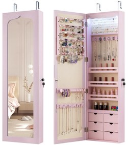 Armário para joias com espelho 6,5 x 11,5 x 120 cm, iluminação LED, 6 gavetas, fechadura, prateleira para organizador de joias, para montar na porta e